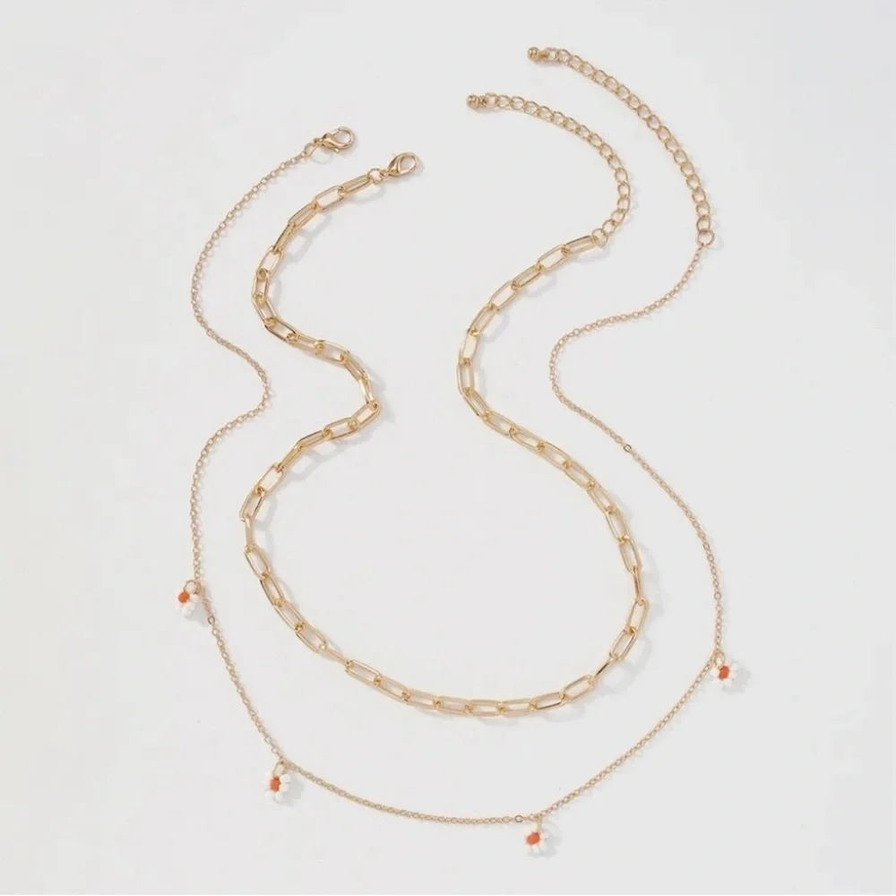 Beautiful Gold Color Chain Necklace with Orange & White Flower - NWOT